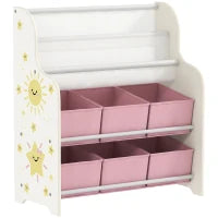 Scaffale Portagiochi con 6 Cassetti in Tessuto e Libreria a 2 Livelli, in Legno e Acciaio, 63x30x71 cm, Rosa