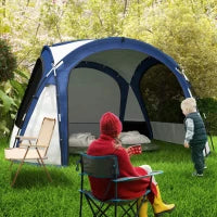 Tenda da Campeggio 4-5 Posti con 4 Porte a Cerniera, Zanzariera e Gancio, 350x350x230cm, Bianca e Blu