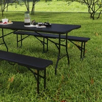 Set da Pic Nic Pieghevole a 3 Pezzi con Tavolo e 2 Panche in HDPE e Metallo, Nero