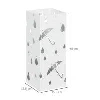 Portaombrelli in Metallo con 4 Ganci e Vaschetta Raccogligocce, 15.5x15.5x41cm, Bianco