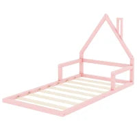 Letto per Bambini 4+ Anni a Forma di Casa, Senza Materasso, 90x200 cm, Rosa