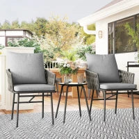 Set di Mobili da Esterno 3 Pezzi con 2 Sedie e 1 Tavolo, Set Bistrò, Rattan Sintetico, Struttura in Acciaio, Tavolo in Metallo, 4 Cuscini, Grigio
