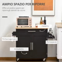 Carrello da Cucina Multiuso con Cassetto, Ruote, Portaspezie e Armadietto, Mobiletto Cucina con Ripiano Regolabile, Portasciugamani e Piano in Legno di Caucciù, 109x40x89 cm, Nero