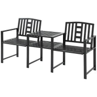 Panchina da Giardino Moderna 2 Posti con Tavolino e Foro per Ombrellone Arredamento da Esterno 165x56x85.5cm Nero