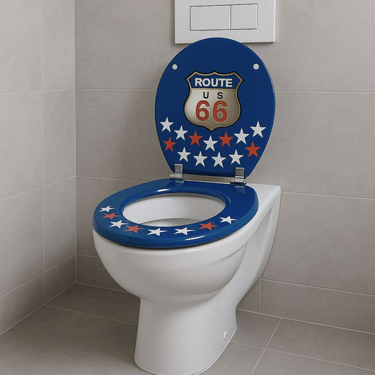 Sedile wc copri vater universale frizionato fantasia in mdf con chiusura rallentata *** fantasia route 66, confezione 1