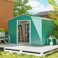 Casetta Porta Attrezzi in Acciaio con Tetto Inclinato e 2 Porte Scorrevoli, 277x195x192 cm, Verde Scuro