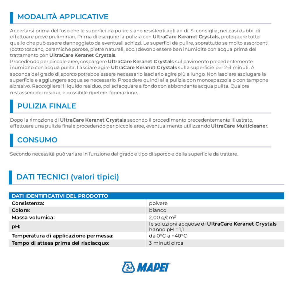 Pulitore acido concentrato polvere residui cementizi keranet crystals mapei 1 kg