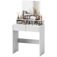 Tavolo da trucco con specchio, tavolo da trucco con 2 cassetti e 3 scomparti, stile moderno, 75 x 38 x 135 cm, bianco