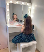 Set Tavolo da Trucco Toeletta con Specchio, 12 Luci LED, Sgabello Imbottito e Ampio Cassetto in Legno, 80x40x140 cm, Bianco