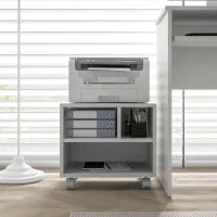 Mobile Porta Stampante a 2 Livelli con 3 Scomparti e Ruote per Ufficio e Studio, 40x30x36cm, Bianco