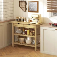 Carrello Cucina in Legno di Bambù con 2 Cassetti, 2 Ripiani a Doghe e 2 Rotelle, 100x43x75 cm, Legno