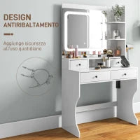 Toeletta Trucco con Luci LED 3 Tonalità e Specchio, Prese USB, 4 Cassetti e Mensole, 90x45x160cm, Bianco