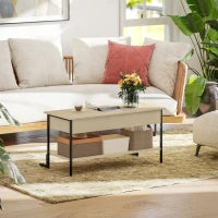 Tavolino con piano sollevabile, tavolino da soggiorno con vano nascosto e scaffale aperto, 95x40x59cm, legno naturale