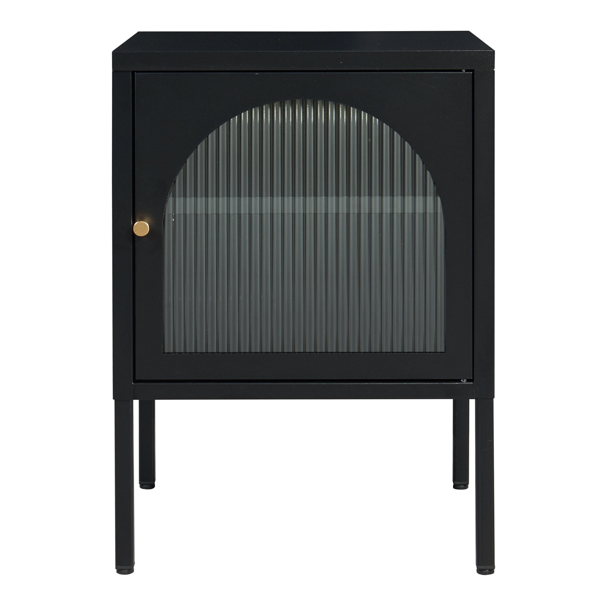 Comodino in Acciaio Karlskrona con Anta in Vetro Scanalato e Ripiano Regolabile 60 x 42,5 x 40 cm - Nero Opaco [en.casa]