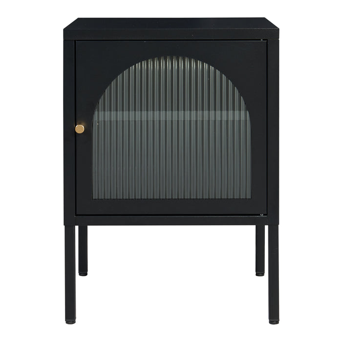 Comodino in Acciaio Karlskrona con Anta in Vetro Scanalato e Ripiano Regolabile 60 x 42,5 x 40 cm - Nero Opaco [en.casa]