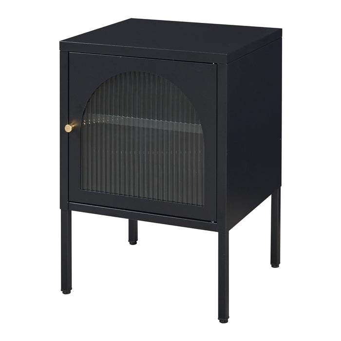 Comodino in Acciaio Karlskrona con Anta in Vetro Scanalato e Ripiano Regolabile 60 x 42,5 x 40 cm - Nero Opaco [en.casa]