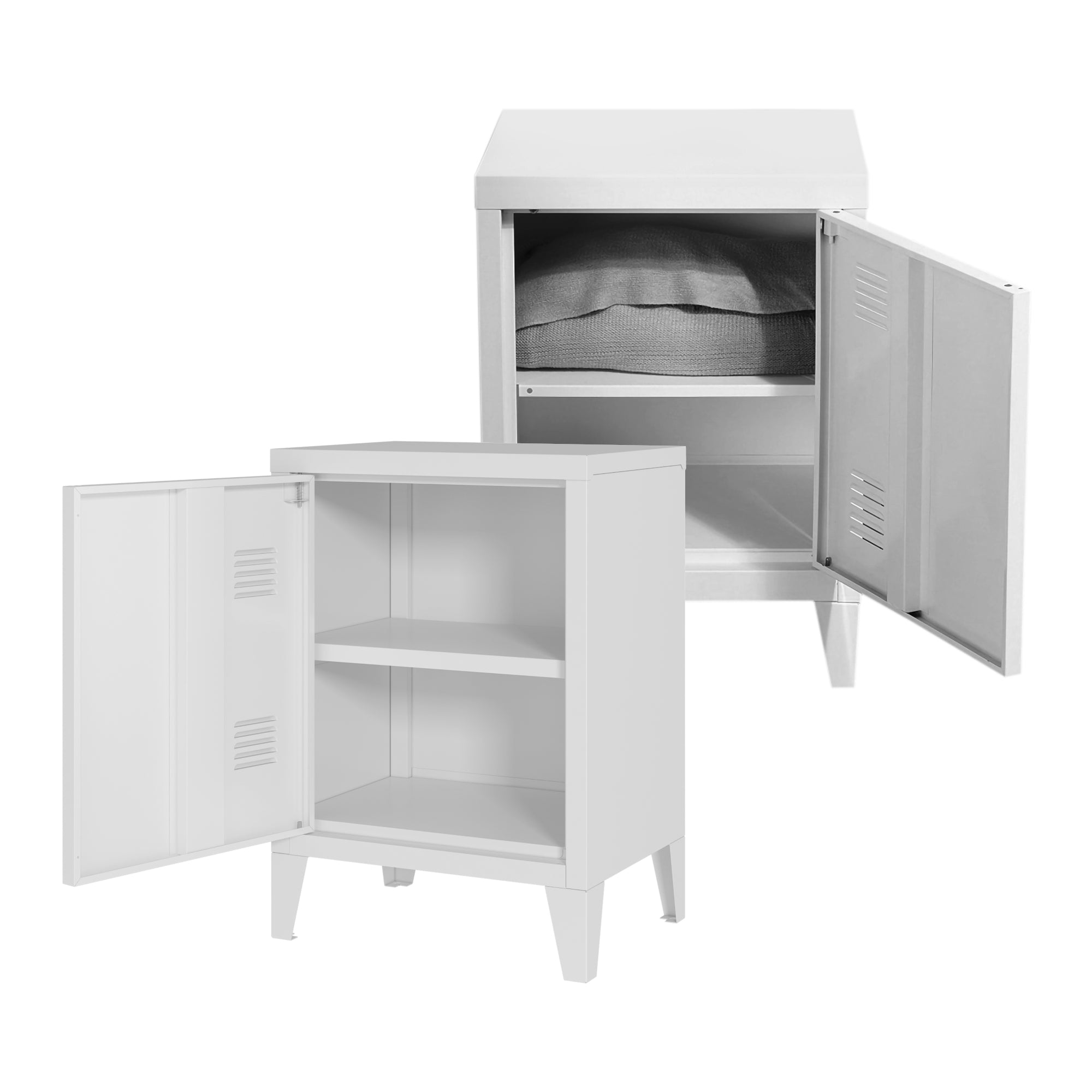 Set di 2 Comodini 'Inari' in Acciaio con Anta e Maniglia a Destra e Sinistra - Bianco [en.casa]