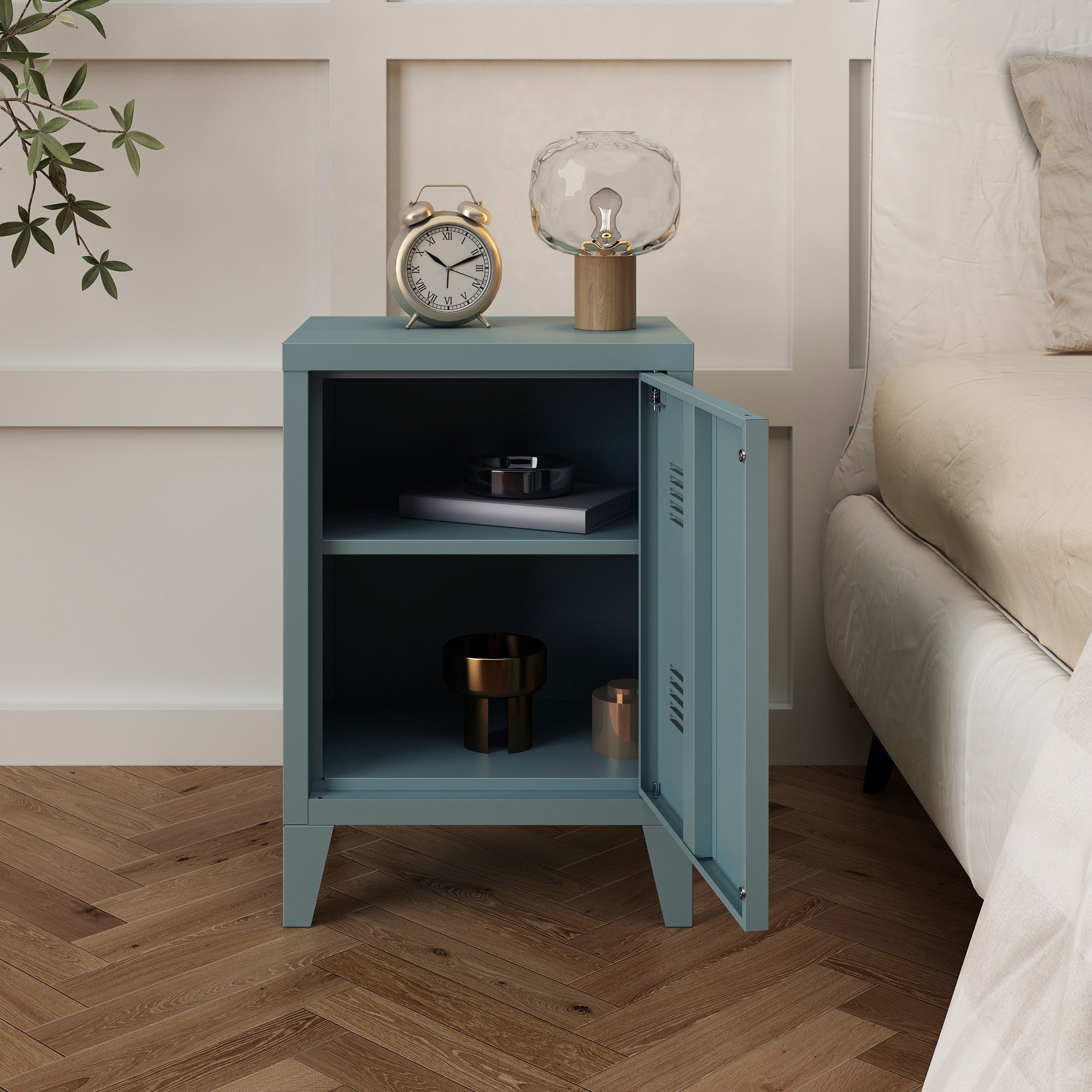 Comodino 'Inari' in Acciaio con Anta - Blu Grigiastro [en.casa]