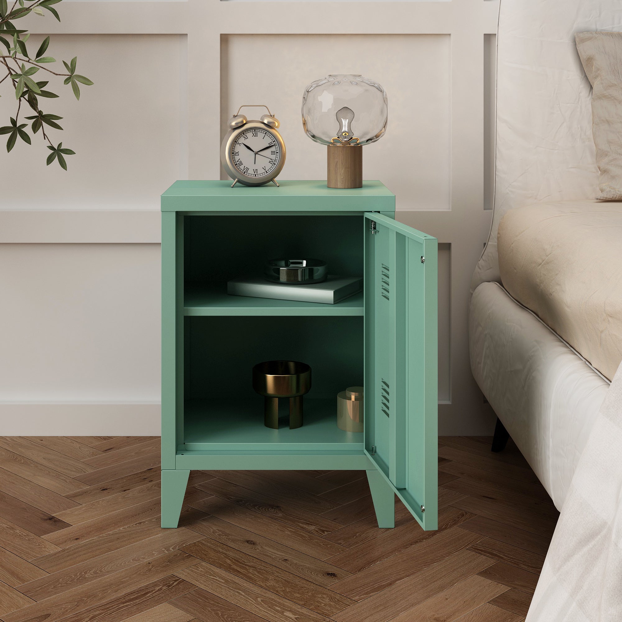 Comodino 'Inari' in Acciaio con Anta - Verde Pastello opaco [en.casa]