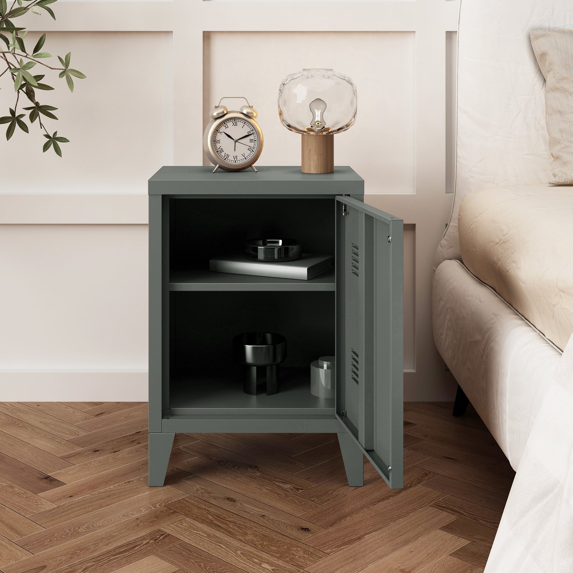 Comodino 'Inari' in Acciaio con Anta - Grigio scuro [en.casa]