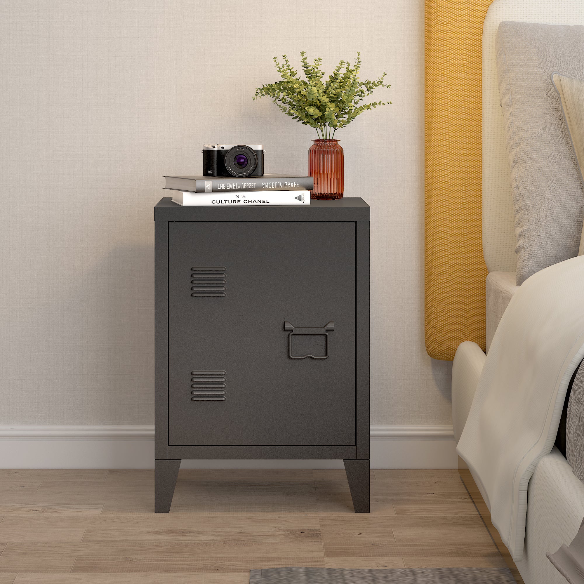 Set di 2 Comodini 'Inari' in Acciaio con Anta e Maniglia a Destra e Sinistra - Nero [en.casa]