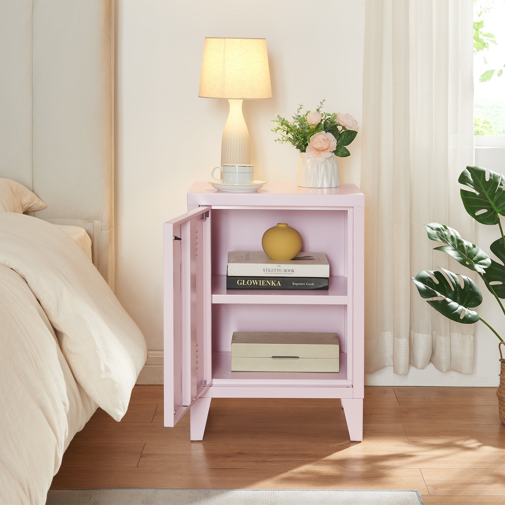 Set di 2 Comodini 'Inari' in Acciaio con Anta e Maniglia a Destra e Sinistra - Rosa [en.casa]