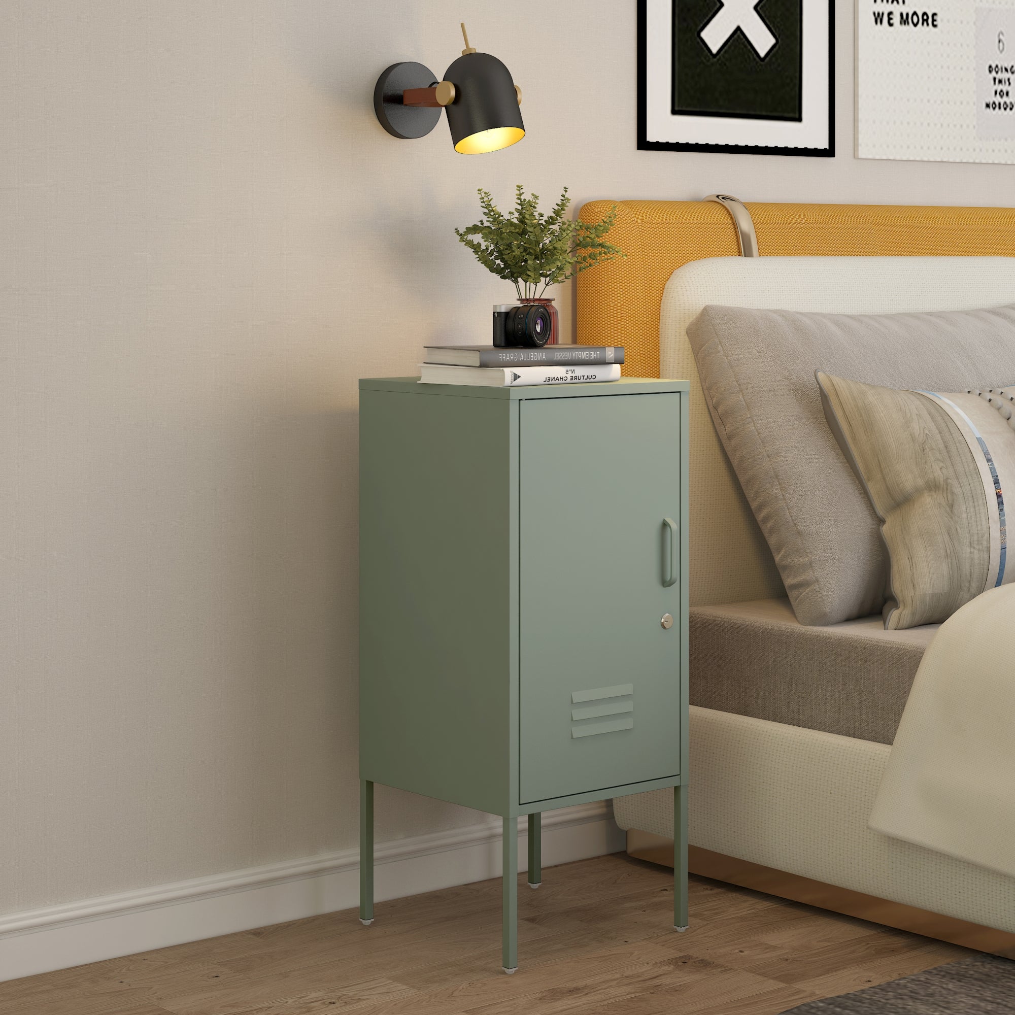 Armadietto Hausjärvi Comodino in Acciaio con Serratura - Menta Verde [en.casa]