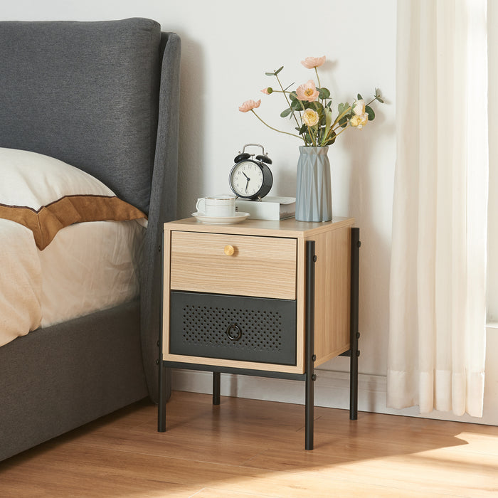 Comodino Tysnes con 2 Cassetti - Effetto Rovere / Nero [en.casa]