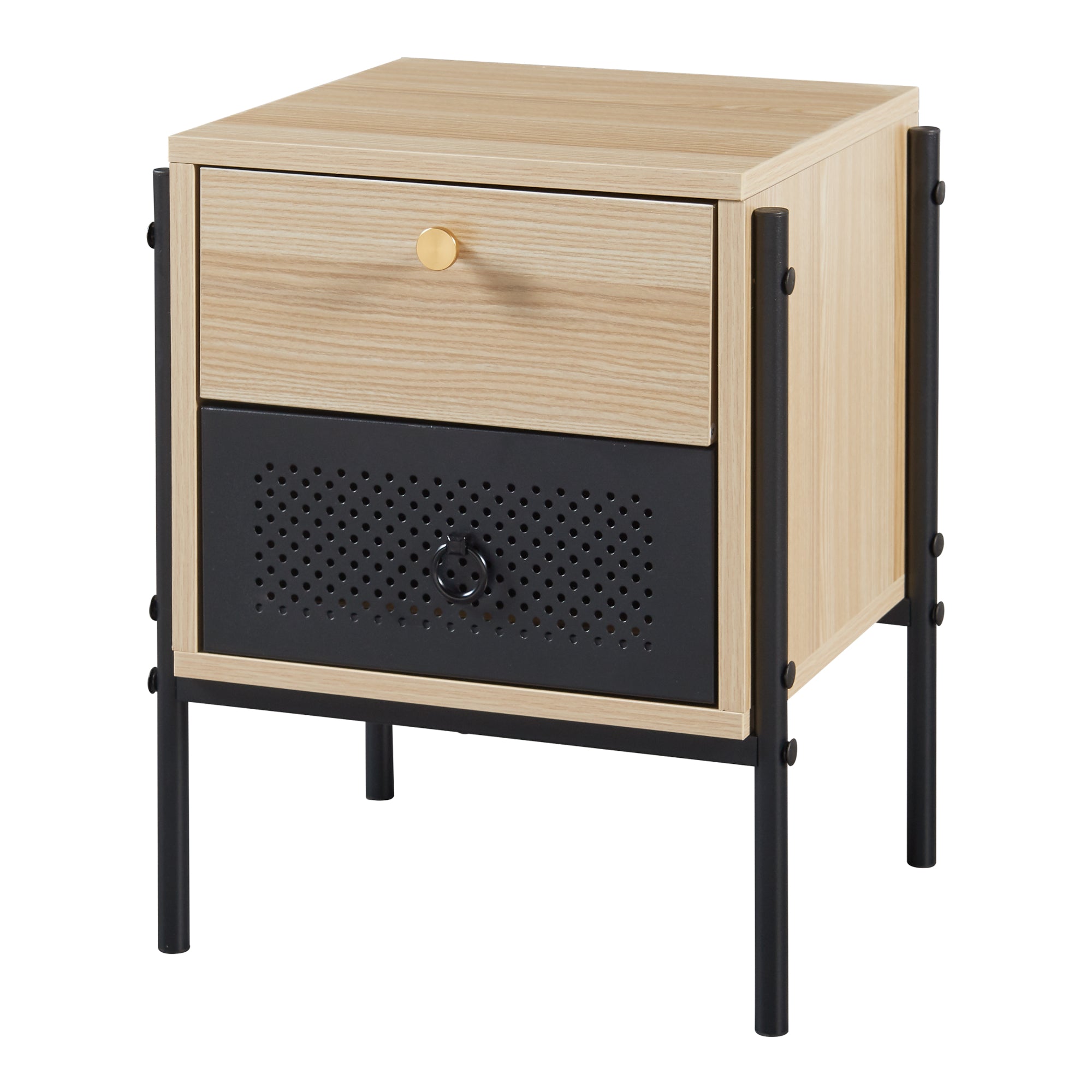 Comodino Tysnes con 2 Cassetti - Effetto Rovere / Nero [en.casa]