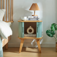 Comodino Tysvær in Bambù con 2 Ante Scorrevoli - Naturale / Azzurro [en.casa]