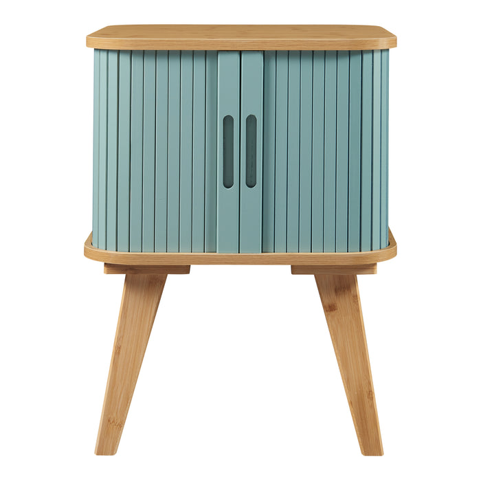 Comodino Tysvær in Bambù con 2 Ante Scorrevoli - Naturale / Azzurro [en.casa]