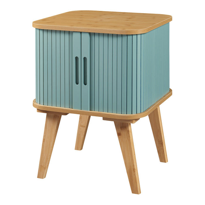 Comodino Tysvær in Bambù con 2 Ante Scorrevoli - Naturale / Azzurro [en.casa]