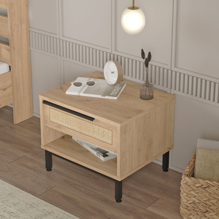 Comodino Kvænangen con Cassetto e Scomparto Aperto - Effetto Rovere / Rattan [en.casa]