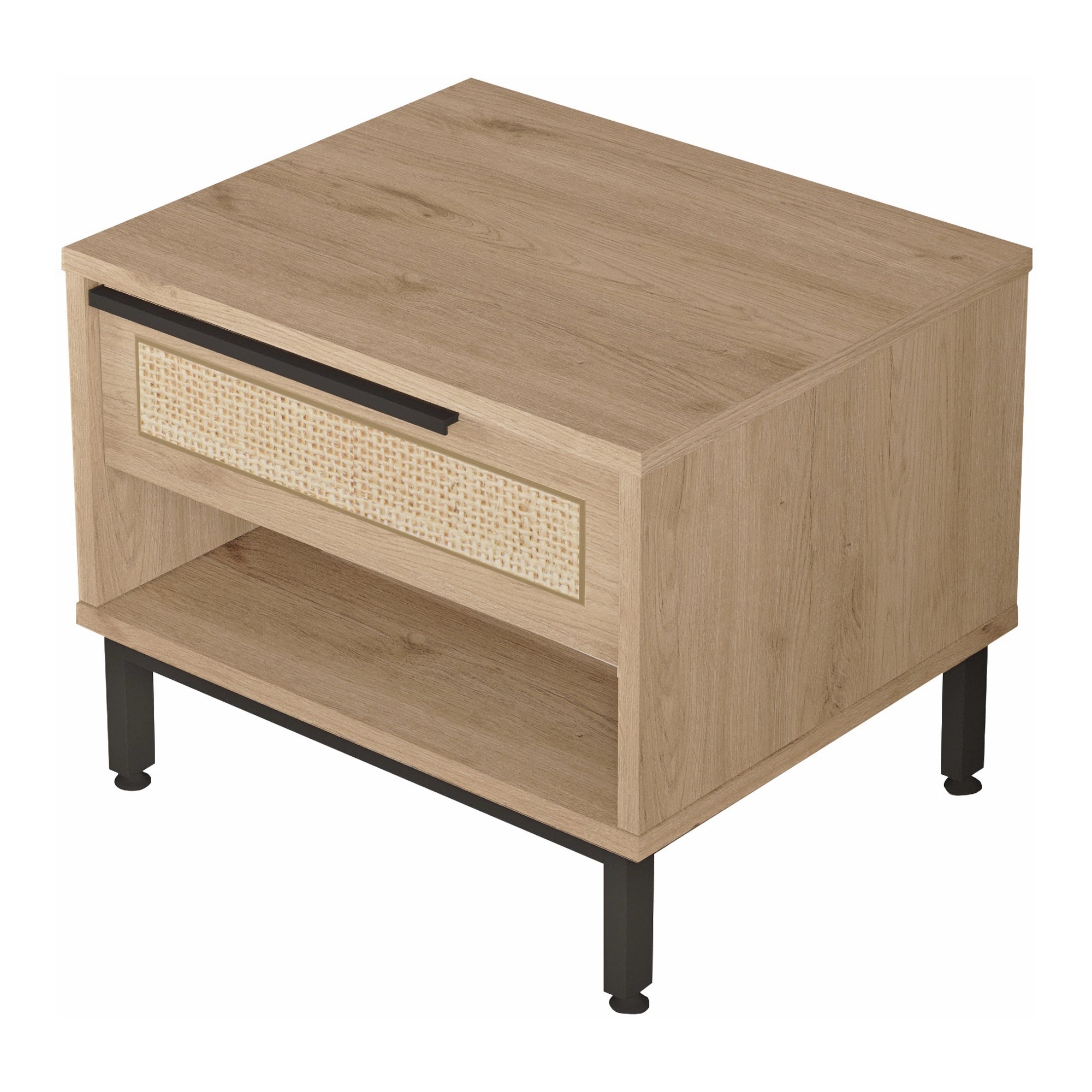 Comodino Kvænangen con Cassetto e Scomparto Aperto - Effetto Rovere / Rattan [en.casa]