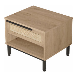 Comodino Kvænangen con Cassetto e Scomparto Aperto - Effetto Rovere / Rattan [en.casa]