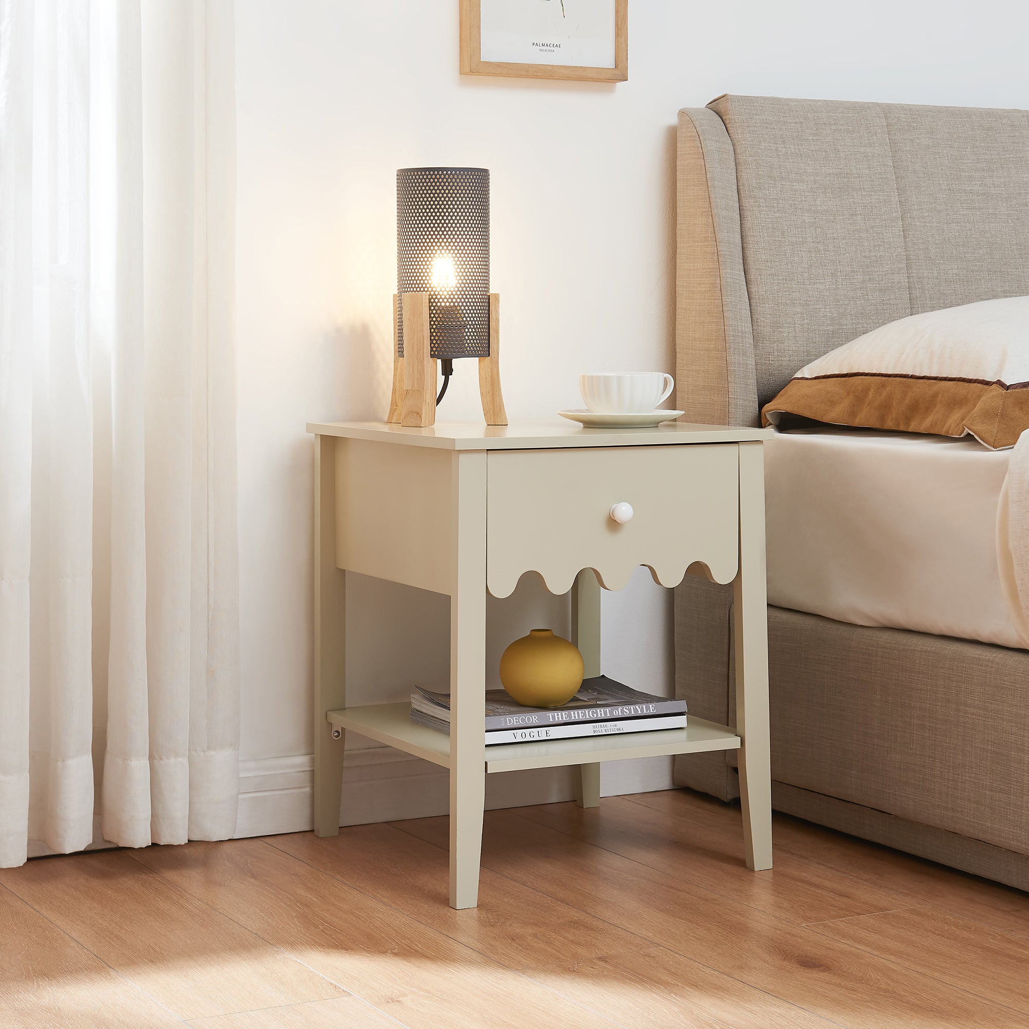 Comodino Luspoo con Cassetto e Ripiano Aperto 50 x 40 x 40 cm - Bianco Crema [en.casa]