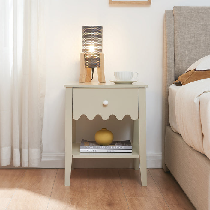 Comodino Luspoo con Cassetto e Ripiano Aperto 50 x 40 x 40 cm - Bianco Crema [en.casa]