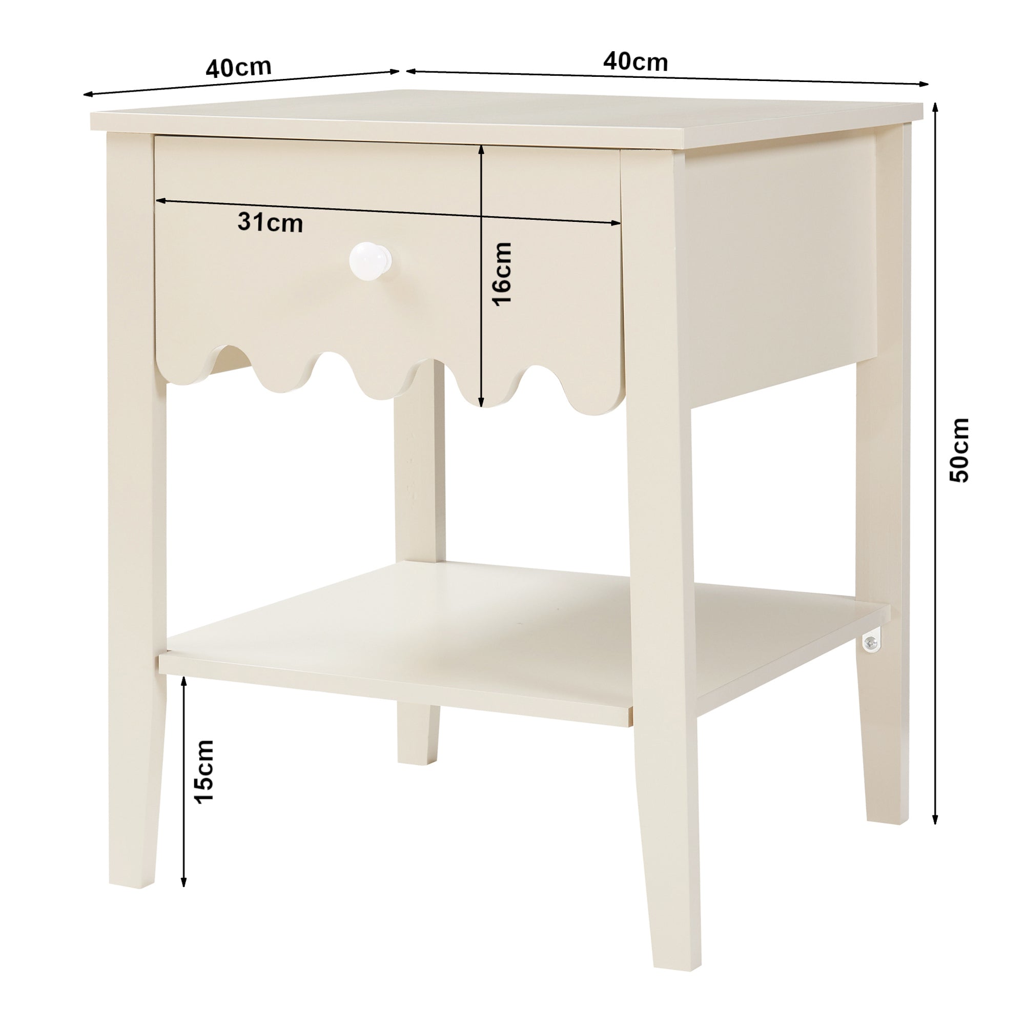 Comodino Luspoo con Cassetto e Ripiano Aperto 50 x 40 x 40 cm - Bianco Crema [en.casa]