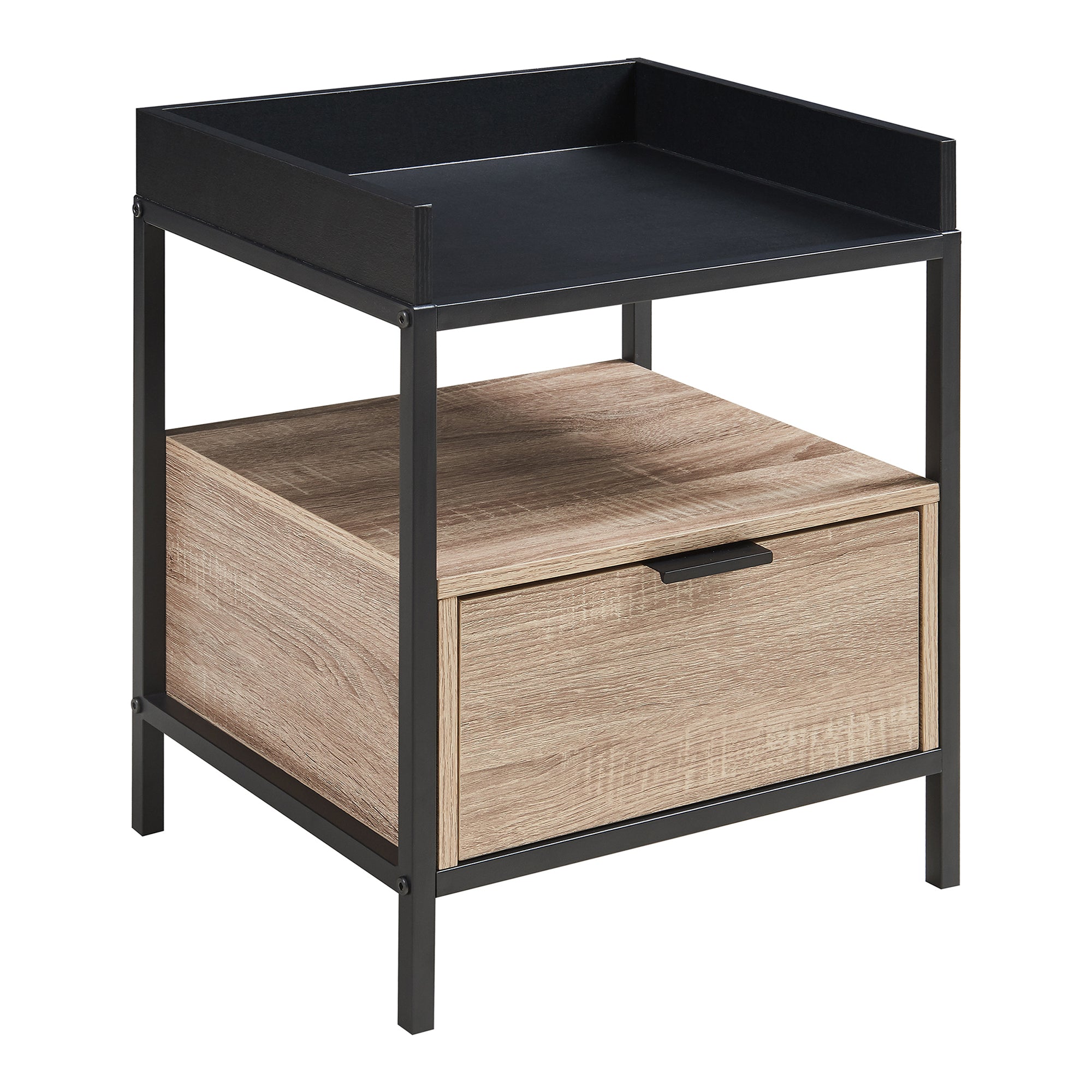 Comodino Belana con Cassetto e Vano Aperto 51 x 40 x 35 cm - Nero/Effetto Rovere [en.casa]