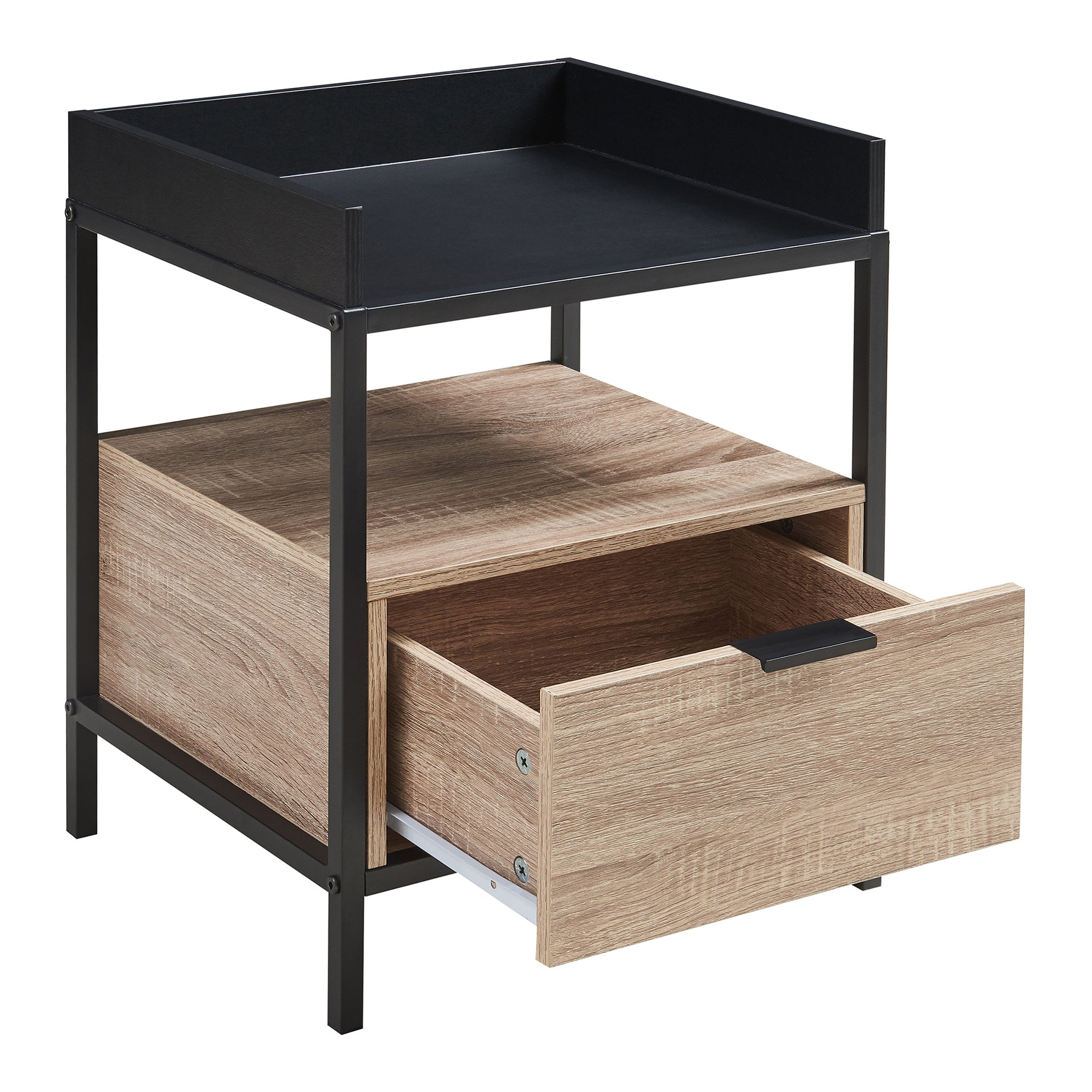 Comodino Belana con Cassetto e Vano Aperto 51 x 40 x 35 cm - Nero/Effetto Rovere [en.casa]