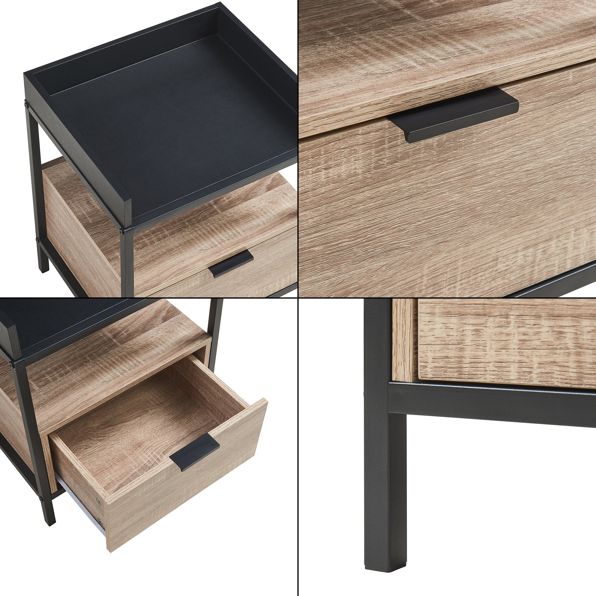 Comodino Belana con Cassetto e Vano Aperto 51 x 40 x 35 cm - Nero/Effetto Rovere [en.casa]