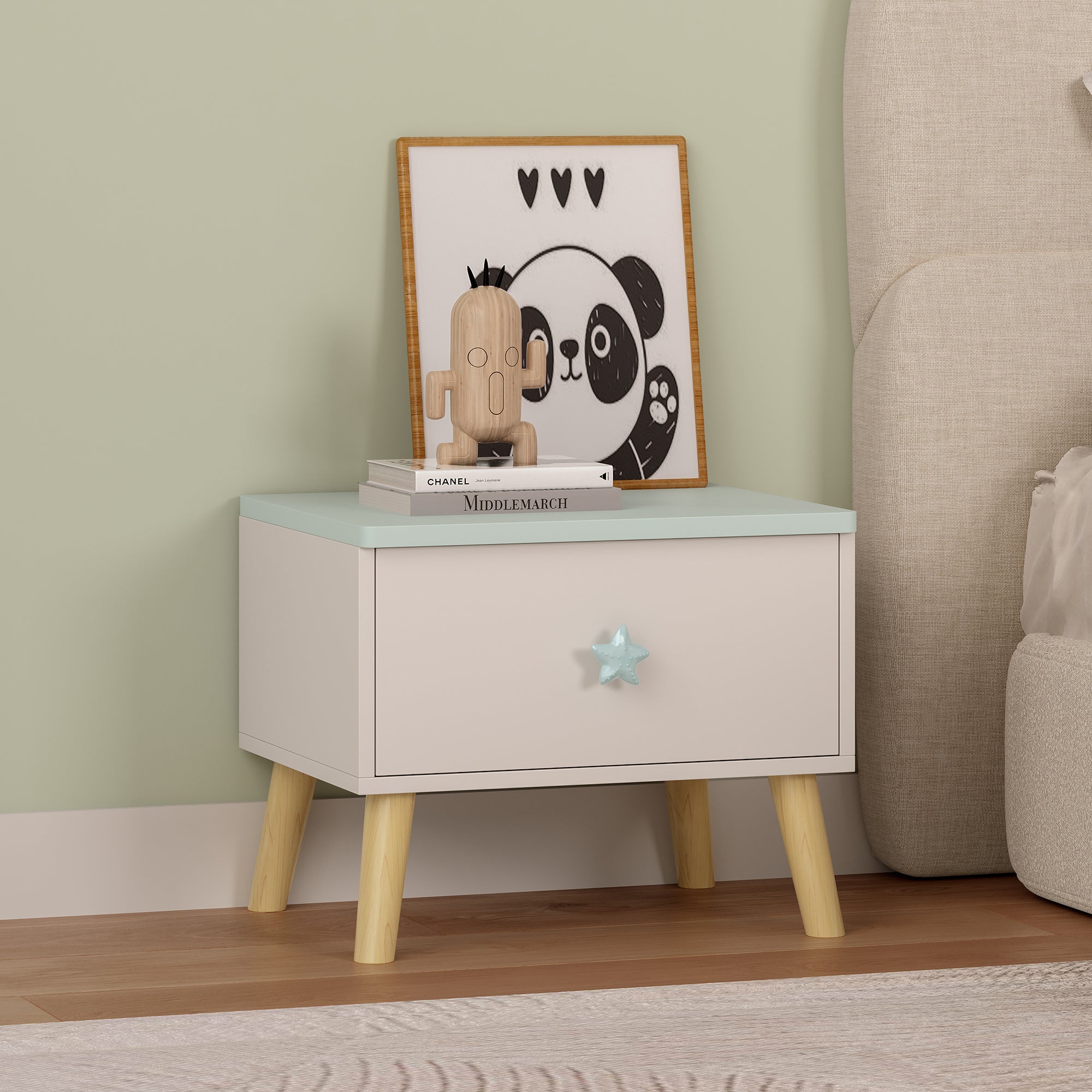 Comodino per Bambini Sandnes con Cassetto 31x38x30 cm Bianco / Menta Verde [en.casa]