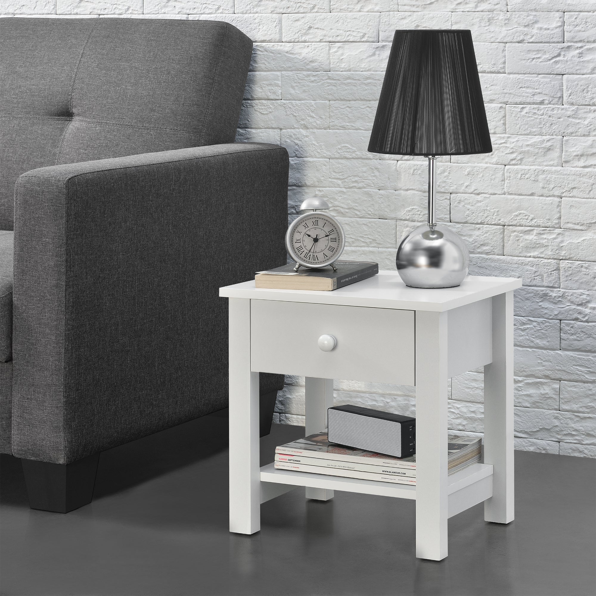 Comodino con Cassetto e Ripiano 40 x 30 x 42 cm Bianco [en.casa]