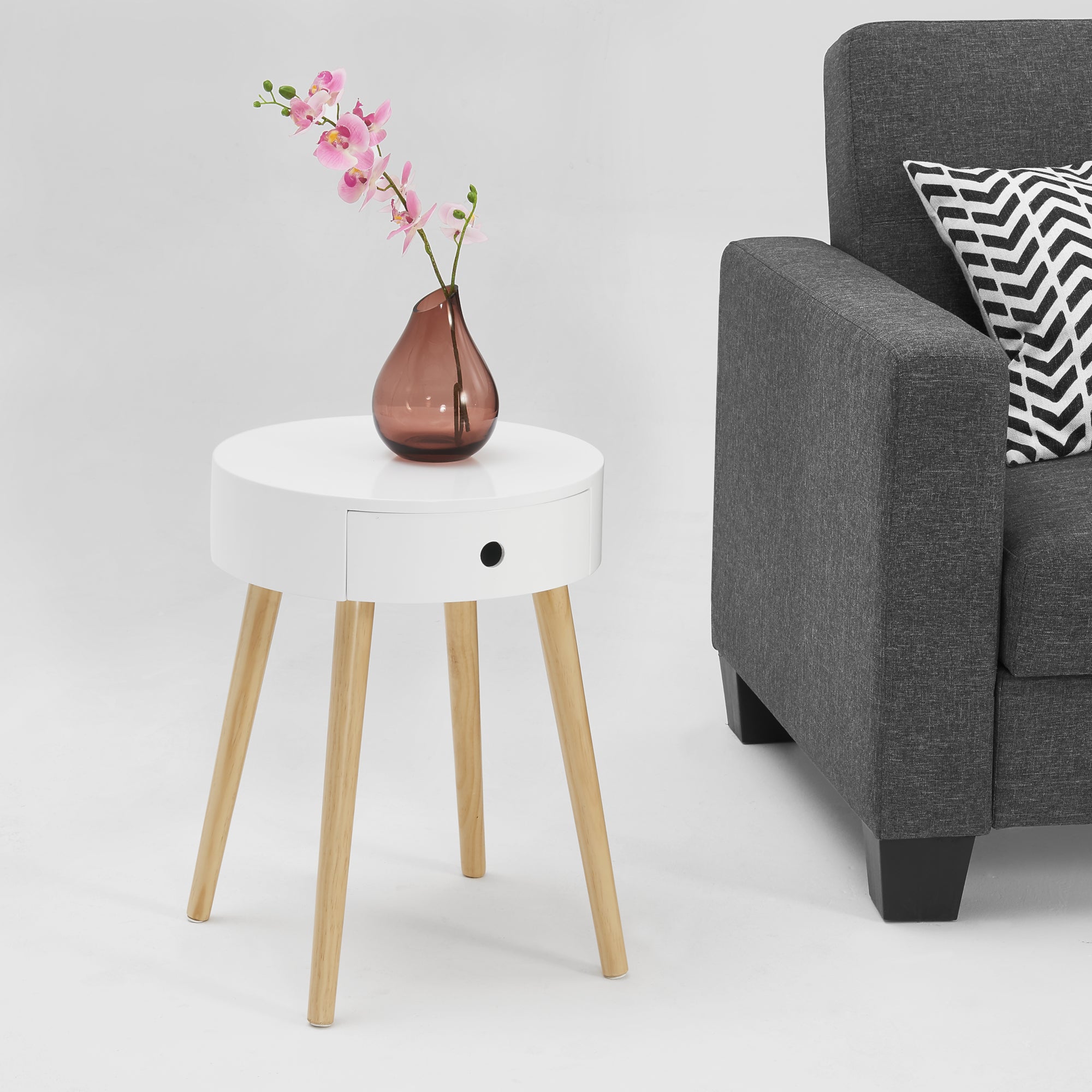 [en.casa] Comodino con Cassetto 50 x 38 x 38 cm Tavolino Rotondo Bianco Rustico