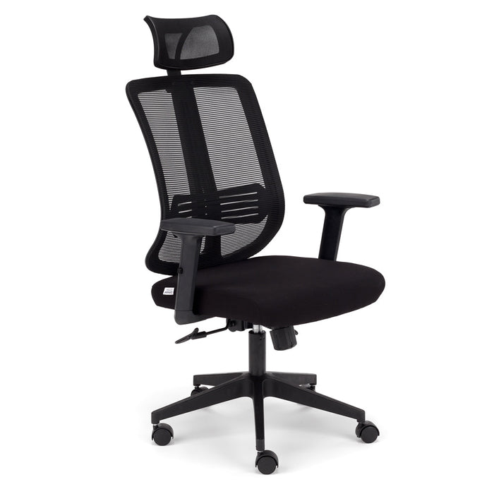 Sedia Girevole da Ufficio Nairobi, massima ergonomica, schienale alto con supporto lombare reclinabile, poggiatesta regolabile, rete traspirante, alzata a Gas, colore Nero