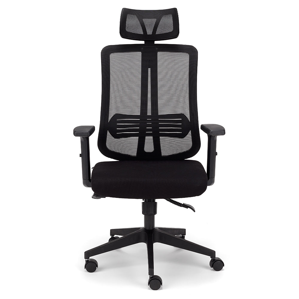 Sedia Girevole da Ufficio Nairobi, massima ergonomica, schienale alto con supporto lombare reclinabile, poggiatesta regolabile, rete traspirante, alzata a Gas, colore Nero