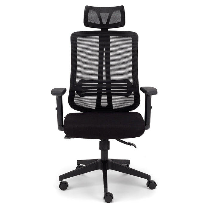 Sedia Girevole da Ufficio Nairobi, massima ergonomica, schienale alto con supporto lombare reclinabile, poggiatesta regolabile, rete traspirante, alzata a Gas, colore Nero