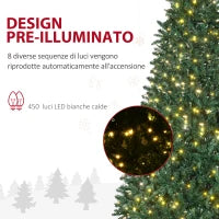 Albero di Natale Artificiale Luminoso con 450 Luci LED Bianche e 1146 Rami, Base in Metallo Pieghevole - Verde