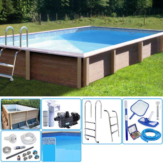 Kit Piscina Cemento Effetto Legno Naturalis Rettangolare 4,67 X 3,24 X H 1,40 M Con Filtrazione A Cartuccia