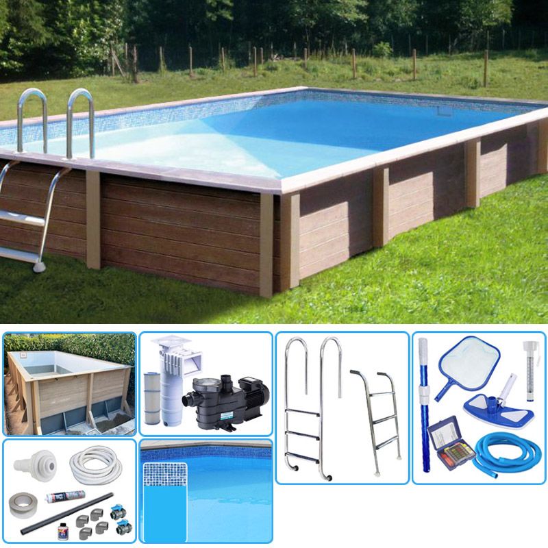 Kit Piscina Cemento Effetto Legno Naturalis Rettangolare 6,09 X 3,24 X H 1,28 M Con Filtrazione A Cartuccia